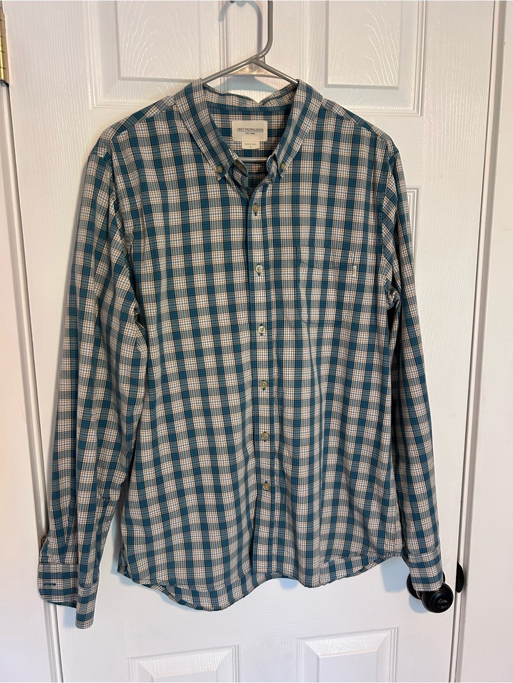 Obey Teal and White Plaid Button-Down Shirt